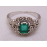 White gold, emerald and diamond cocktail ring, gold tested 18ct, approx total weight 3.9g
