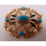 Gold, turquoise, seed pearl, diamond and enamel brooch, gold tested 14ct, approx total weight 9.8g