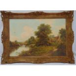 R Fenson framed oil on canvas of a landscape scene with figures and cottage, signed bottom right