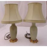 A pair of Chinese style celadon oval table lamps with pierced gilded metal bases and silk shades,