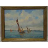 Roland Davies framed oil on canvas titled Barges on The Thames, details to verso, signed to the base