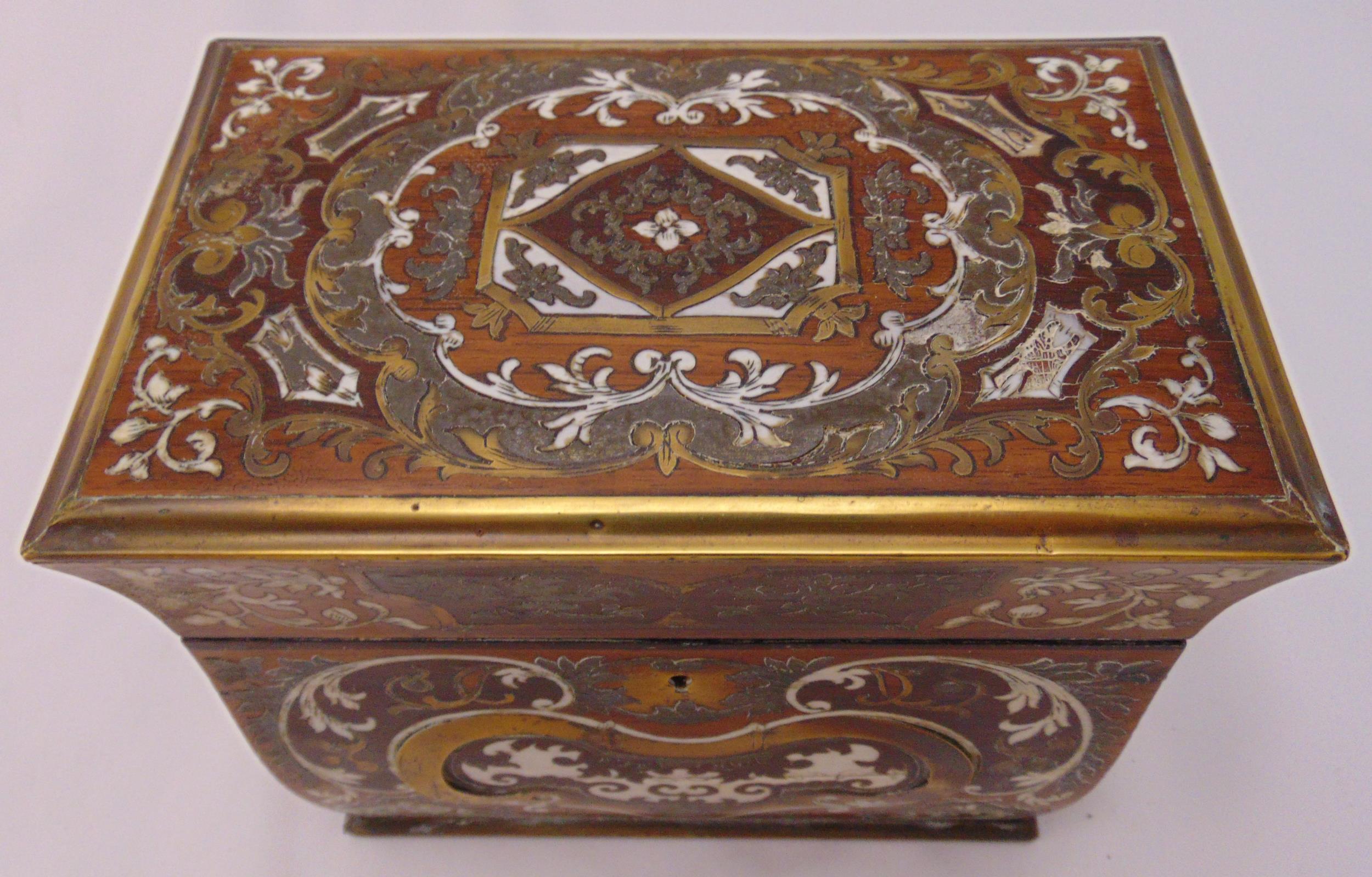 A French inlaid rectangular casket with hinged cover revealing lead lined interior, circa 1850, 14 x