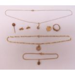 A quantity of 9ct gold jewellery to include two chains, a bracelet, a pair of earrings, four