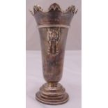 A hallmarked silver vase of tapering conical form with lion mask and ring side handles on raised
