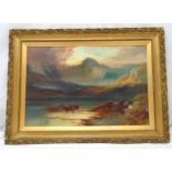 Clarence Roe framed oil on canvas of a Scottish Highland scene with deer to the foreground, signed