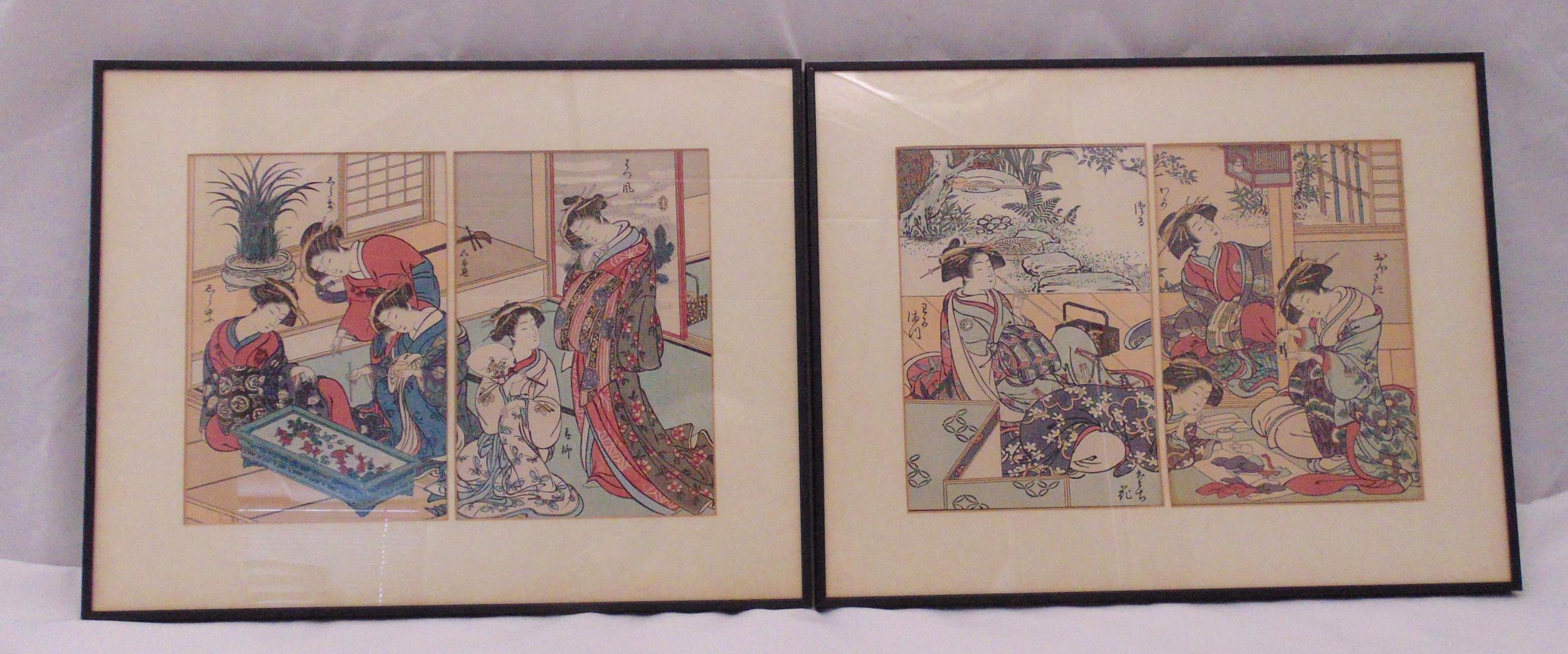 A pair of Japanese framed and glazed polychromatic wood block prints of figures in interior