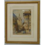 Samuel Prout framed and glazed watercolour of a French street scene with figures in the street,