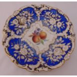 A Meissen fruit dish decorated with peaches, grapes and gilded borders, 27.5cm (d)