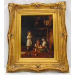 R. Lefaber framed oil on panel of an interior scene with children playing, signed bottom right, 39 x