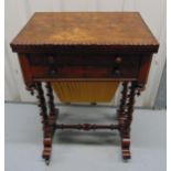 A Victorian walnut and mahogany rectangular sewing table with two drawers on barley twist supports