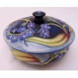 Moorcroft dish and cover decorated with flowers and leaves, designed by Sian Leeper, marks to the