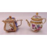 Two continental hand painted miniature teapots decorated with 18th century scenes and floral