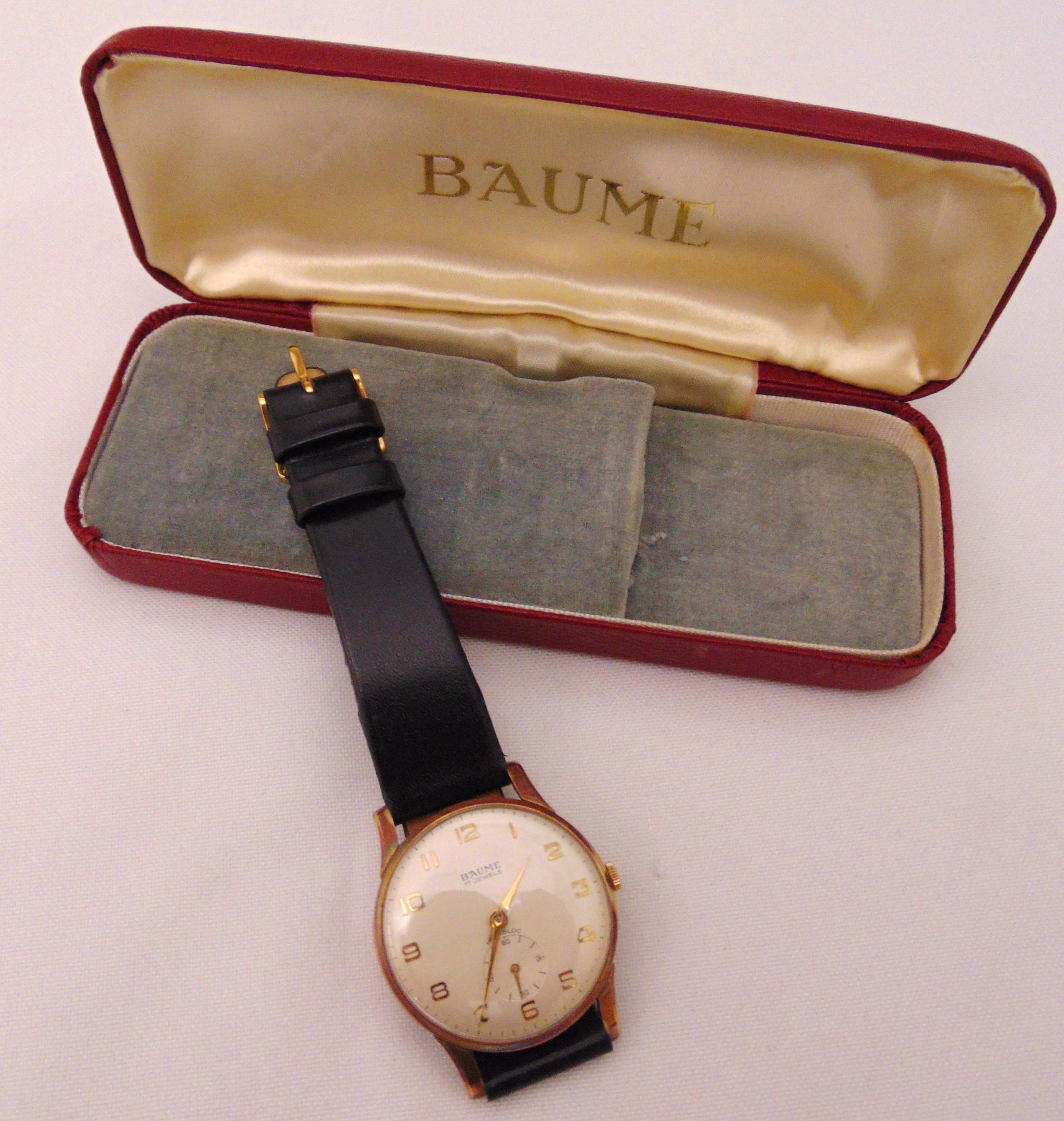 Baume 9ct gold gentlemans wristwatch on replacement leather strap in original packaging - Image 2 of 2