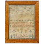 A framed and glazed 18th century sampler dated 1793 by 8 year old Mary Waller, frame 50.5 x 41cm