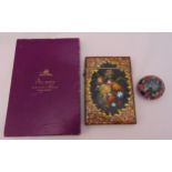 A Victorian hand painted papier mache card case and a millefiori Bristol Blue paperweight