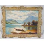 Helmut Stadelhofer framed oil on canvas of a lake with houses in the distance, signed bottom