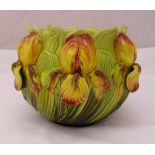 Bretby majolica plant pot holder in the form of stylised flowers and leaves on rim foot, A/F,