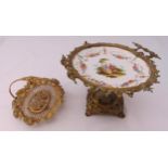 A gilded metal and porcelain fruit stand, 17cm (h) and a gilded metal bonbon basket