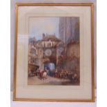 Paul Marny framed and glazed watercolour titled The Old Clock Rouen dated 1870, signed bottom right,