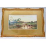 R. Talbot framed and glazed watercolour of cows by a river with a farmhouse in the background,