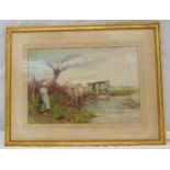 Hutton Mitchell framed and glazed watercolour of a milkmaid with cattle by a stream, signed bottom