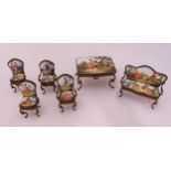 A miniature gilt metal and enamel table, sofa and matching chairs (6)