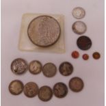 A quantity of pre 1947 silver coins to include 1887 crown, threepences and tokens