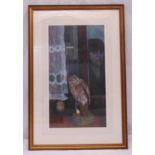 A framed and glazed watercolour of an owl on a stand in front of a photograph of a lady, 57 x 31cm