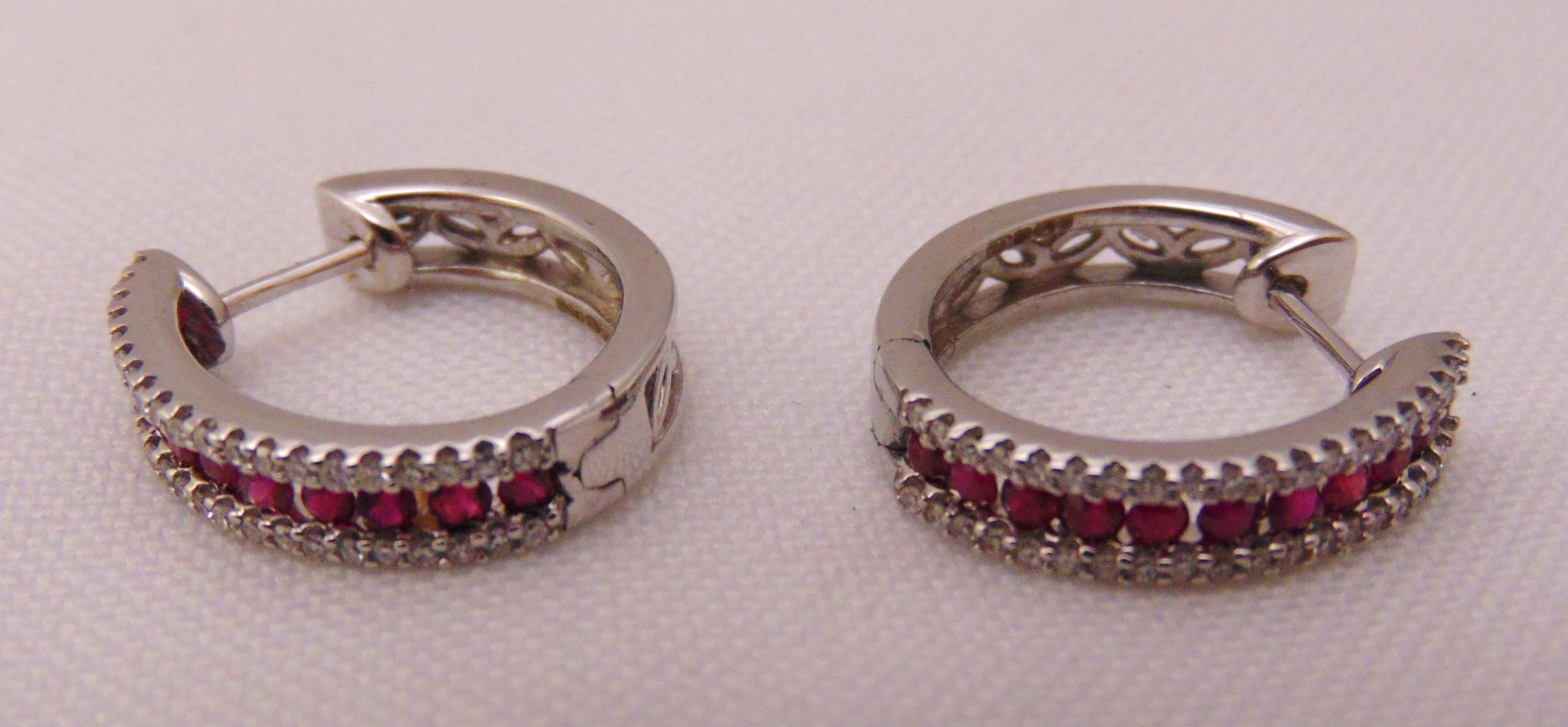 9ct white gold, ruby and diamond hoop earrings, approx total weight 4.4g