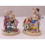 Two Dresden figural groups of ladies and children in 18th century attire on raised oval bases, marks