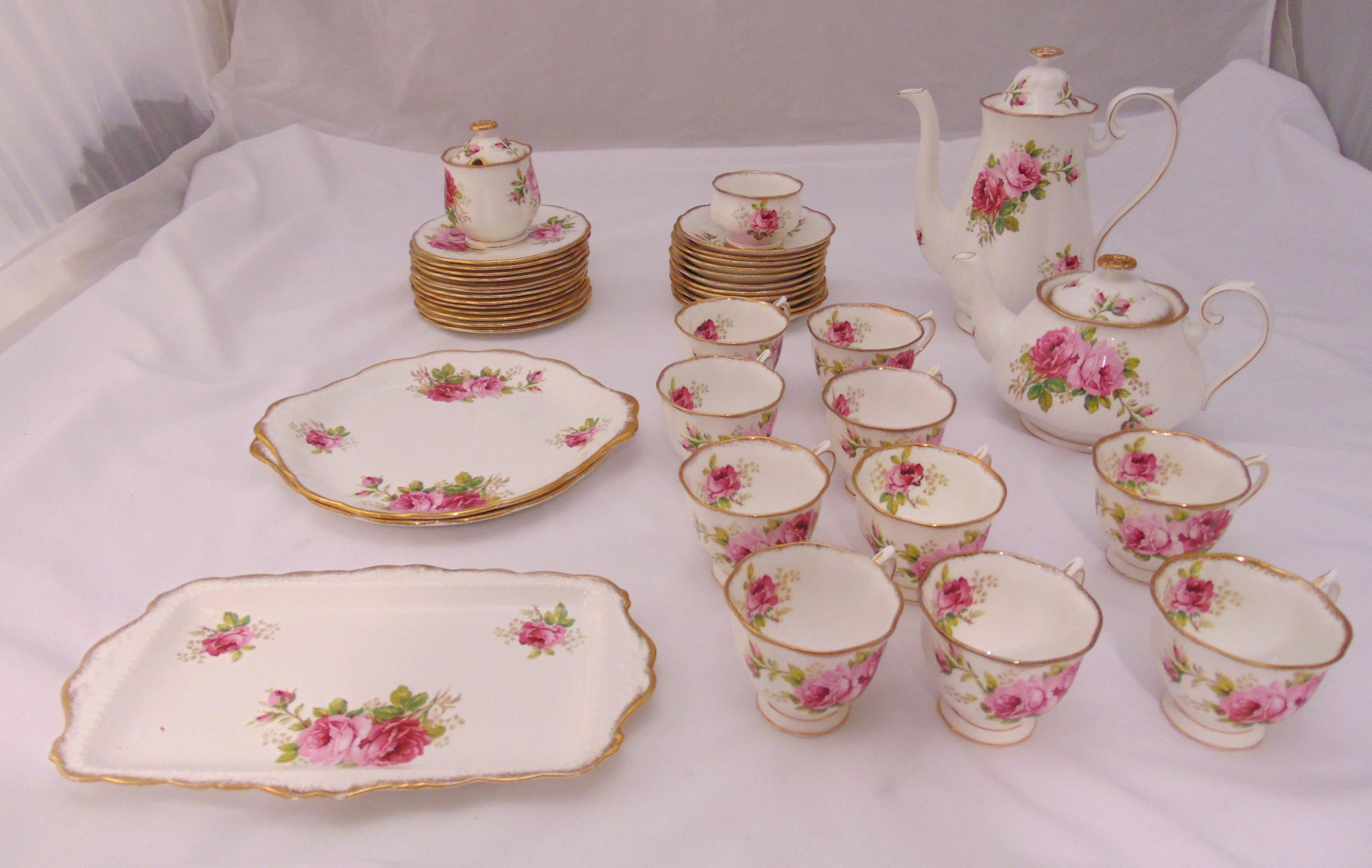 Royal Albert American Beauty teaset to include cups, saucers, plates, teapot, coffee pot, sugar