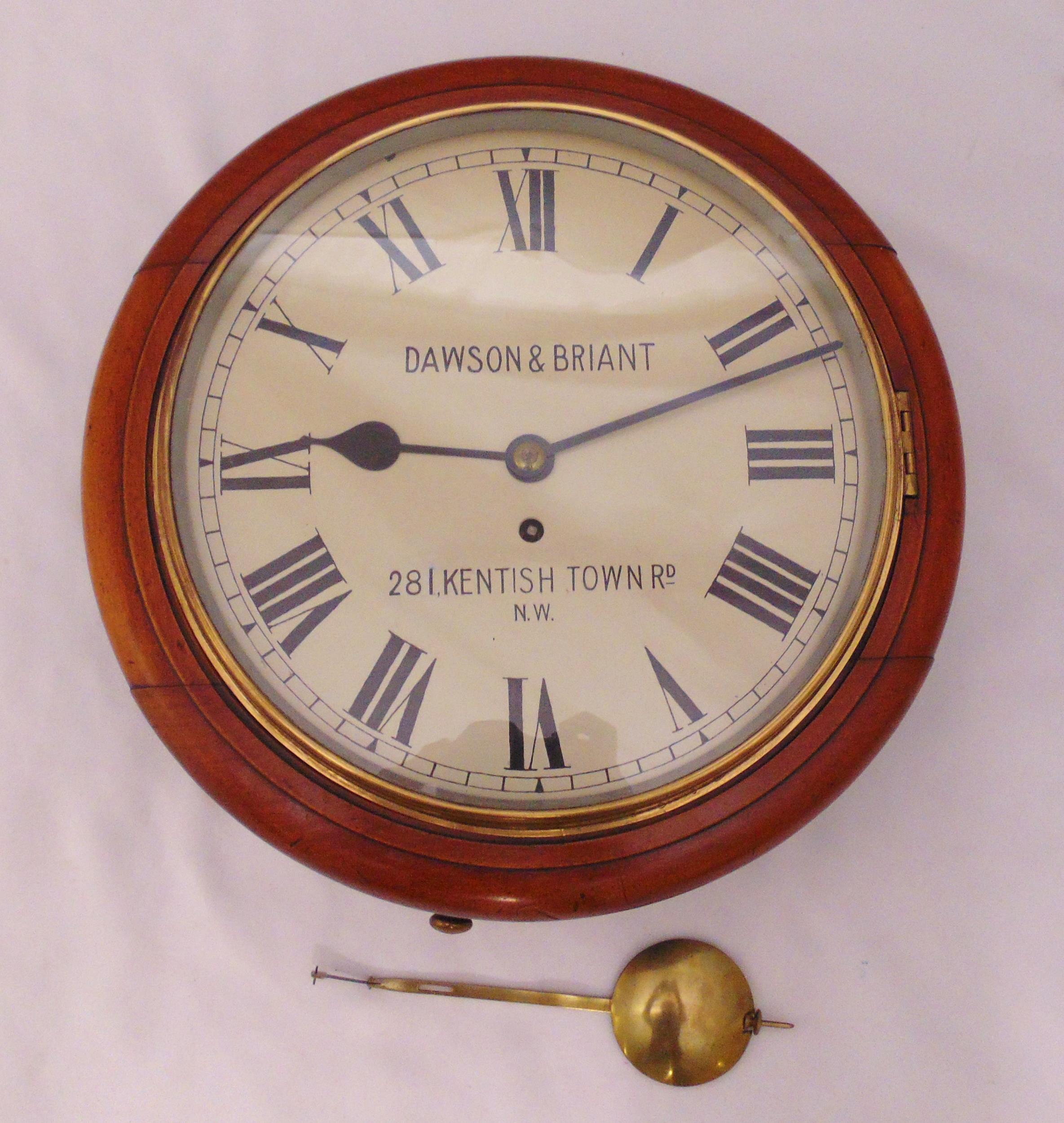 Dawson and Briant of London Fusee circular wall clock, white dial with Roman numerals in fitted