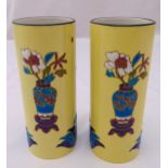 A pair of Minton Aesthetic style cylindrical enamelled vases, 20cm (h) A/F