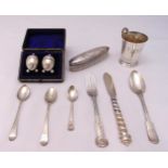 A quantity of hallmarked silver to include George III spoons, cased condiments and a dressing