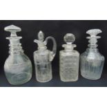 Four 19th century cut glass decanters of various shape and form with drop stoppers