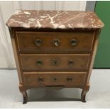 A continental rectangular three drawer inlaid mahogany chest of drawers with removable marble top (