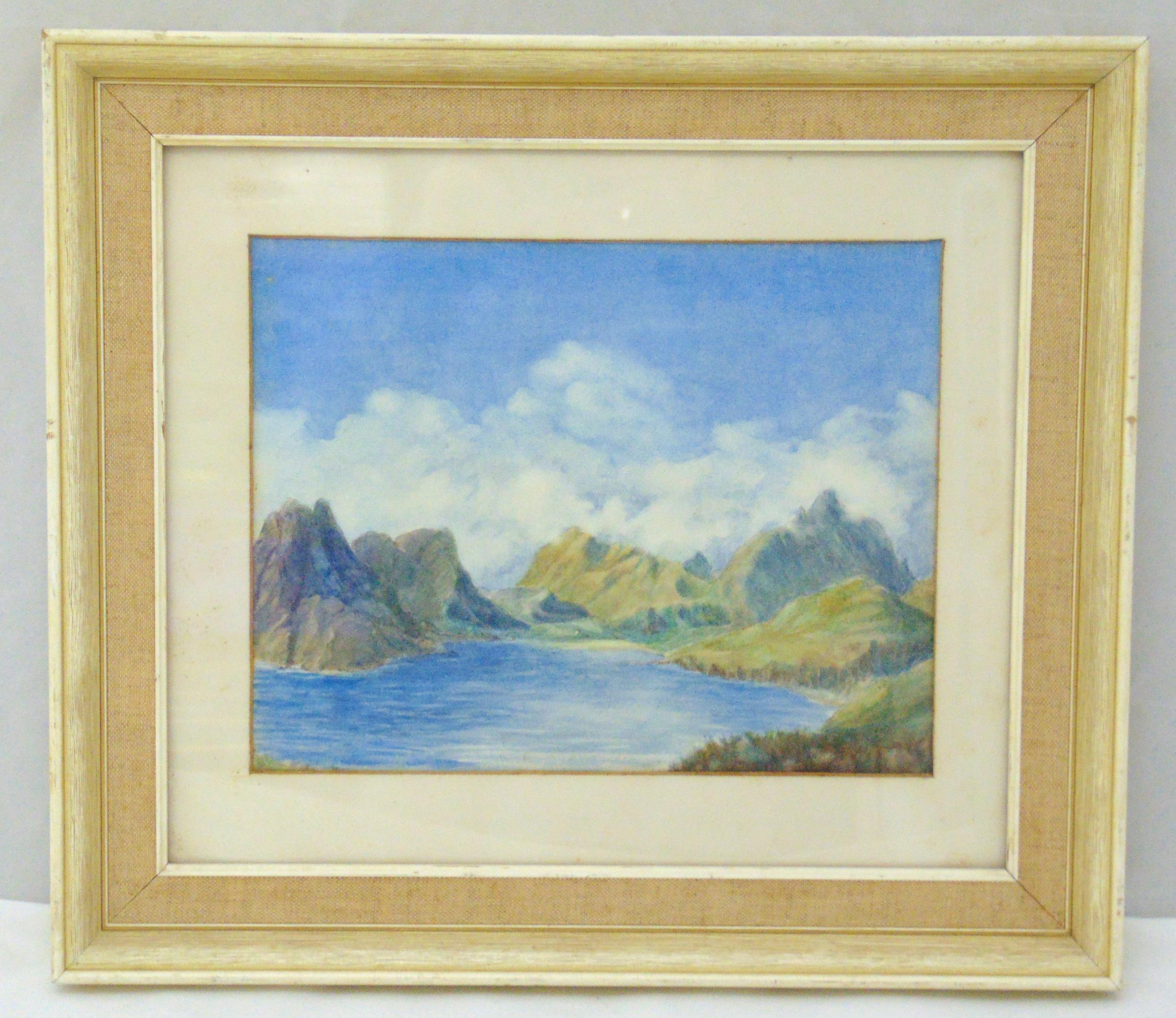 Framed and glazed watercolour of The Isle of Skye across Loch Scavais, details to verso, 21.5 x 27.
