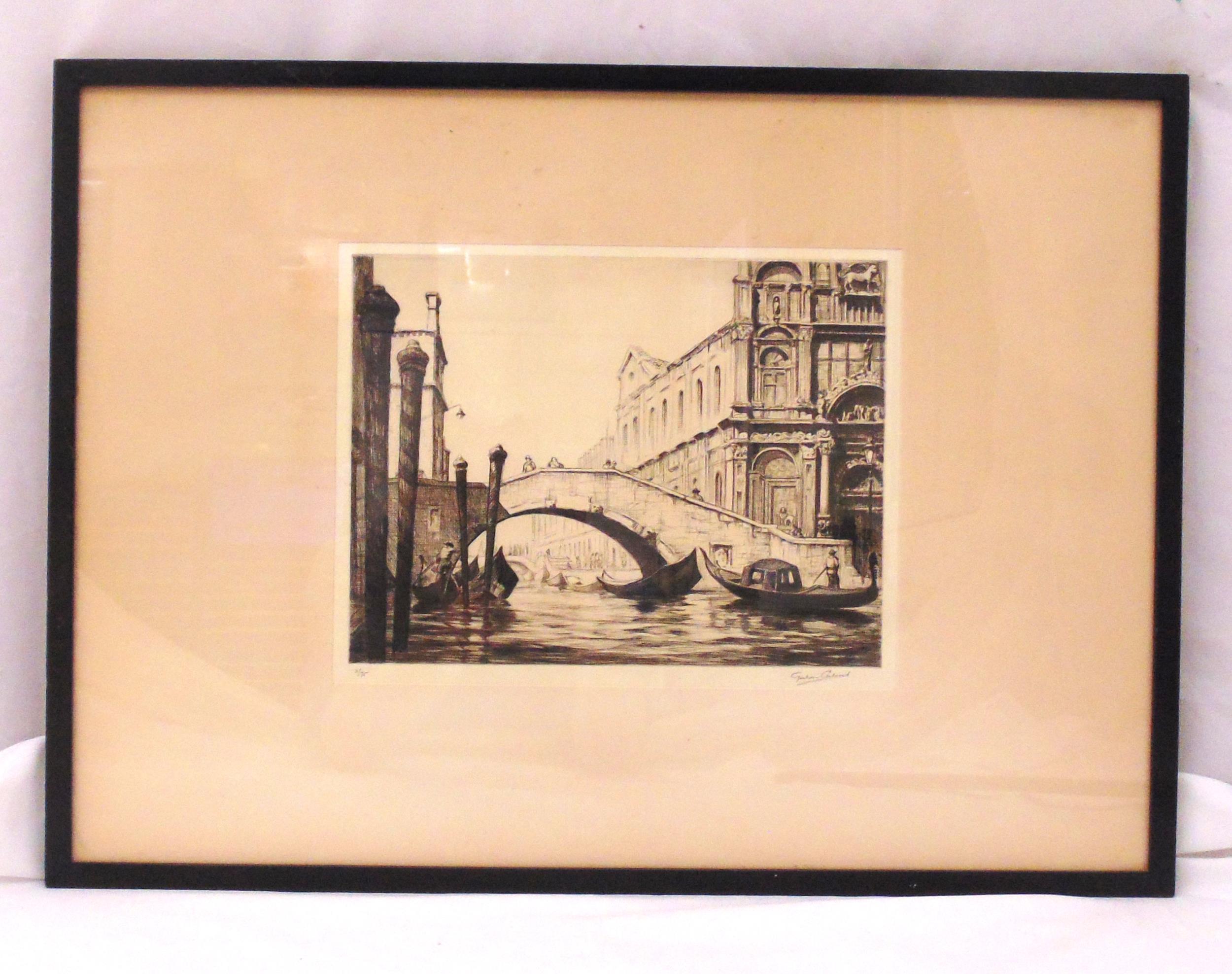 Graham Clilverd (1883-1959) framed and glazed etching of Ponte San Giovanni Venice signed and