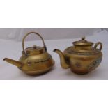 Two oriental brass teapots with applied enamel decoration, tallest 12cm (h)