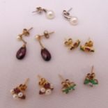 Five pairs of 9ct gold earrings set with various coloured stones
