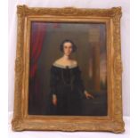 A framed oil on canvas portrait of a Victorian young lady in black dress with gold chain, 49 x 40cm