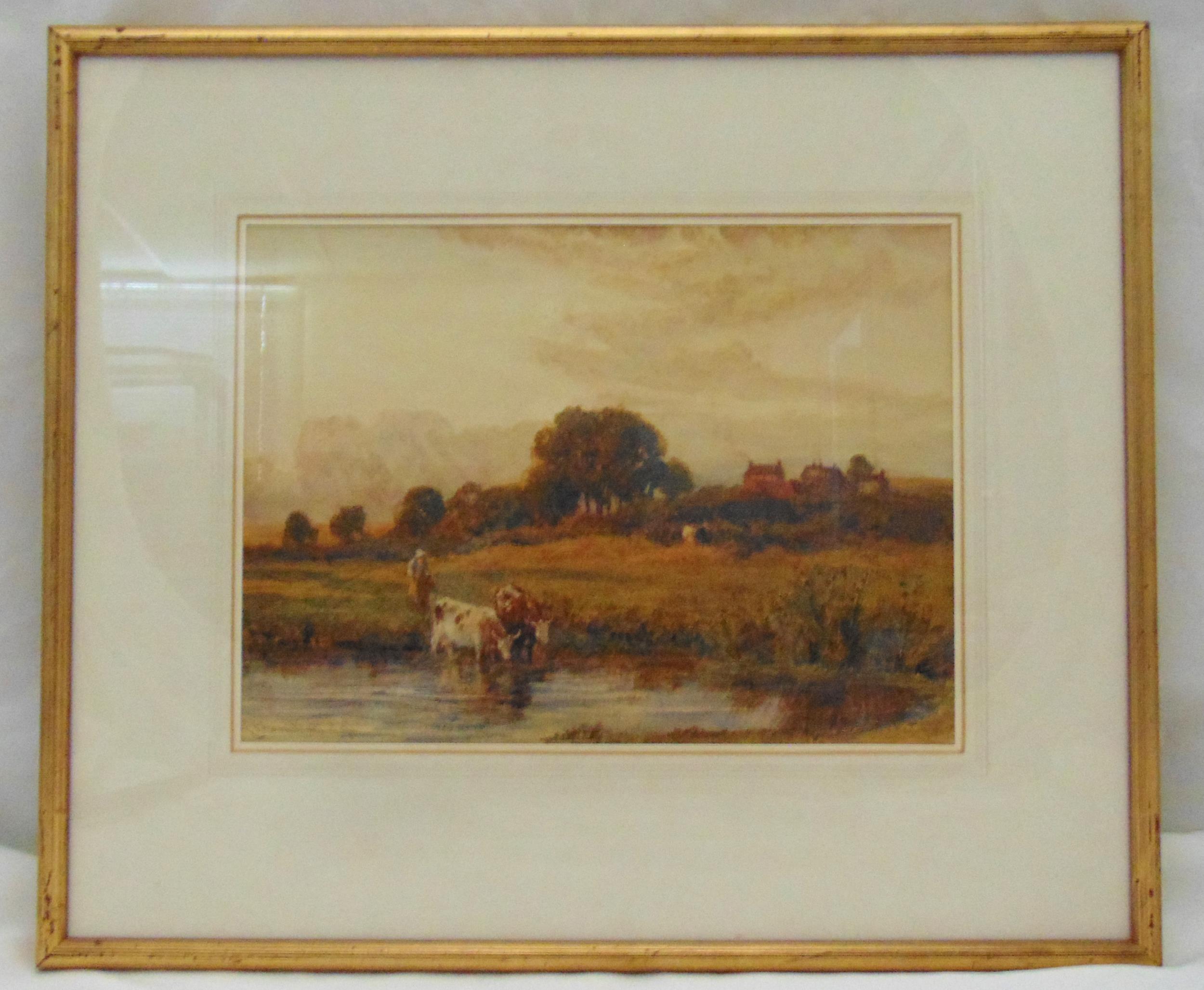 Robert Thorne Waite framed and glazed watercolour of cows by a river with a farmhouse in the