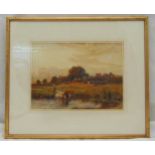 Robert Thorne Waite framed and glazed watercolour of cows by a river with a farmhouse in the