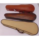 W E Hill wooden violin case, an inlaid violin case and a leather viola case