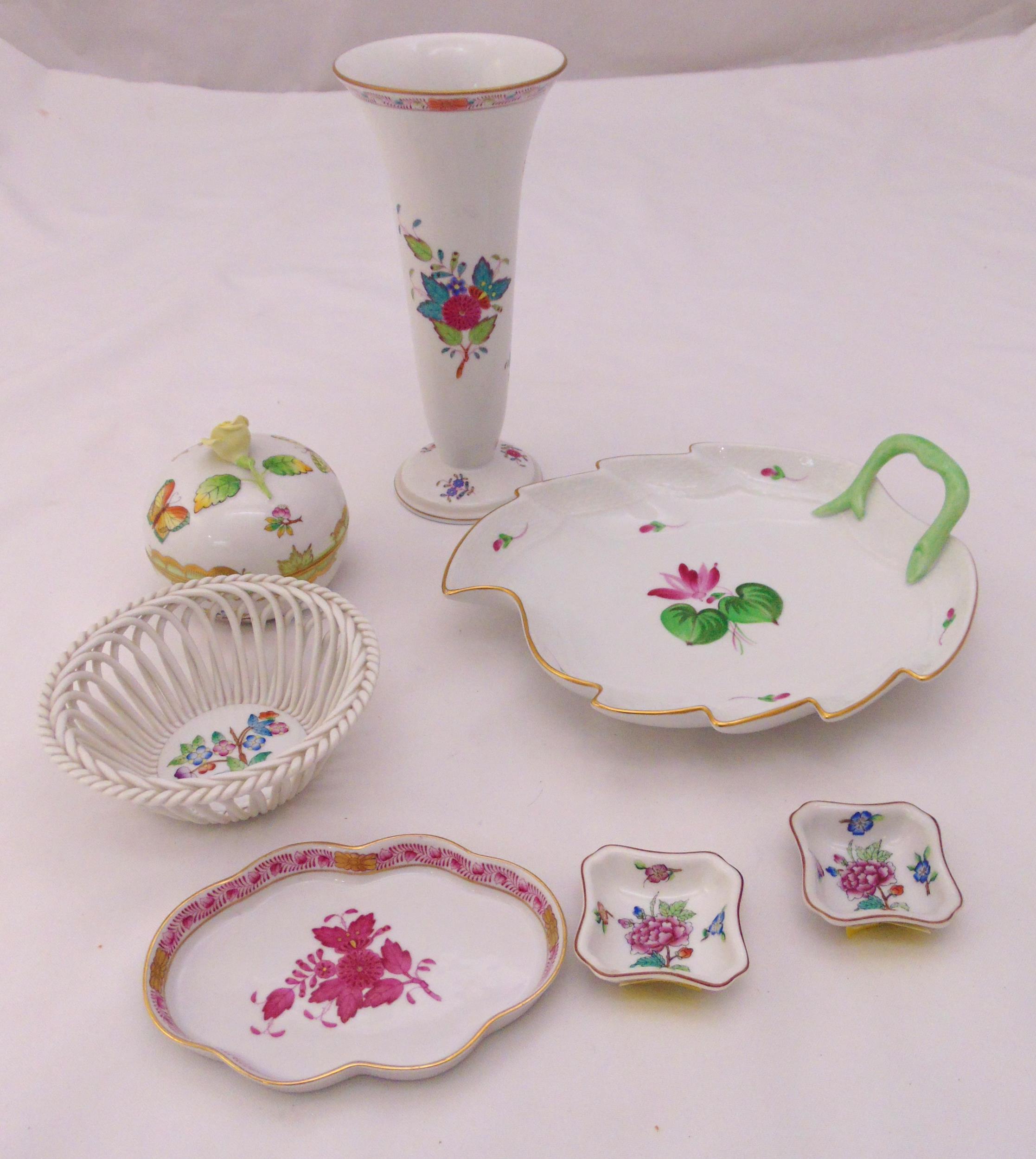 A quantity of Herend porcelain to include a vase, dishes and a covered circular box (7)