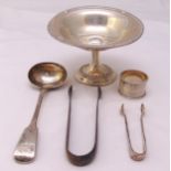 A quantity of hallmarked silver and white metal to include a dish A/F, sauce ladle, sugar tongs