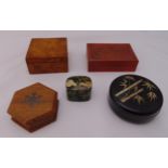 A quantity of boxes to include an ebonised circular box with mother of pearl inlays, a papier