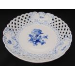 Meissen blue flower reticulated dish decorated with flowers and leaves, marks to the base, 24.5cm (