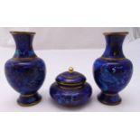 A pair of cloisonné vases and a matching circular covered box, tallest 15.5cm (h)