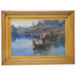 William Gilbert Foster framed oil on panel of figures in a rowing boat on a river, signed bottom